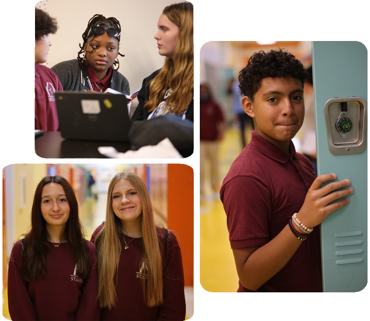 Collage showcasing various student activities including academics, science, and hands-on projects.